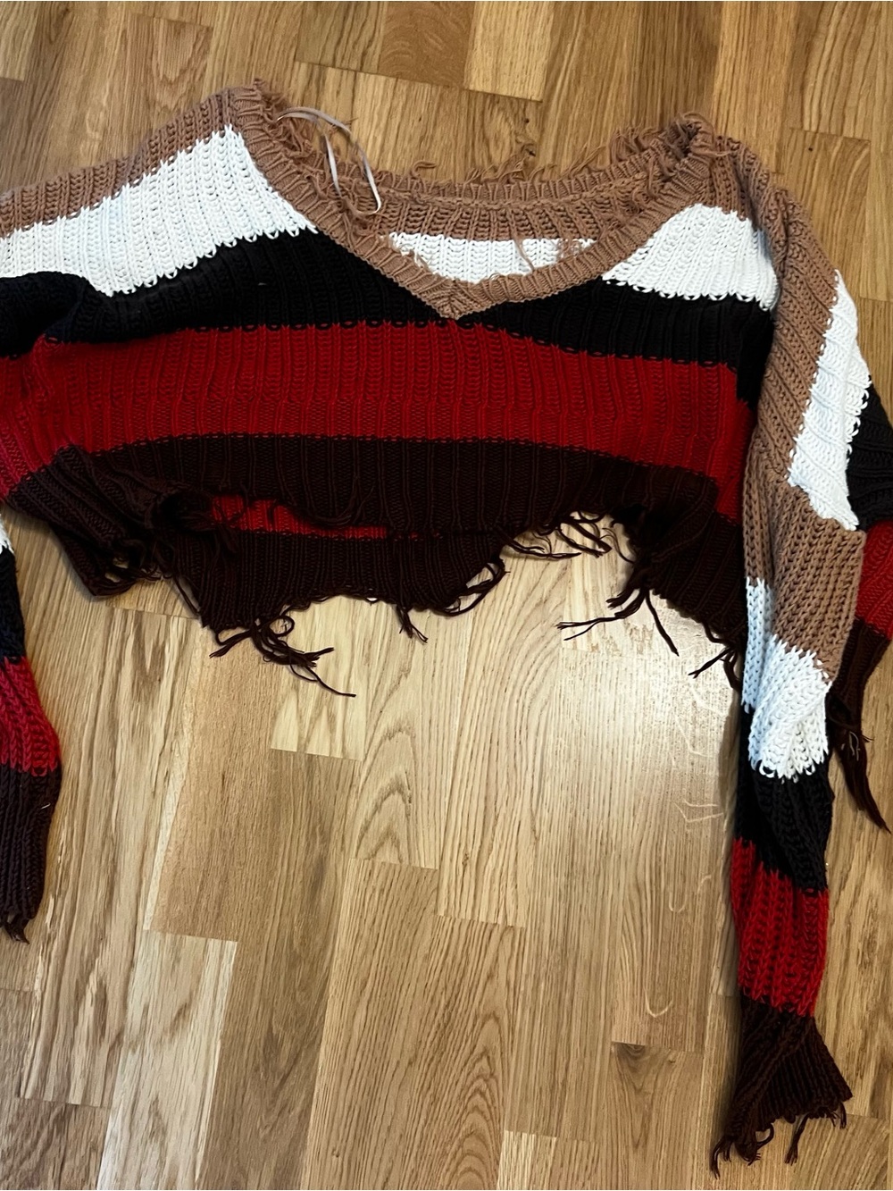 Striped V-Neck Cropped Sweater in Red, Brown and Cream